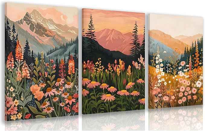 Cyebmo Framed Mountain Wildflower Wall Art Set of 3, Sunset Mountain Nature Wall Decor, Colorful Floral Landscape Canvas Prints, Rustic Botanical Artwork for Bedroom Living Room Office 12x16 Inch