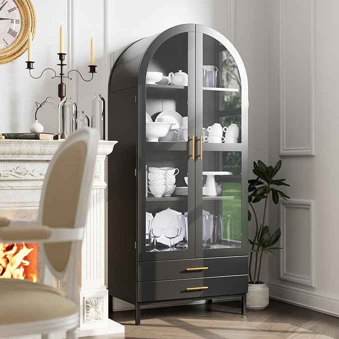 Metal Arched Pantry Cabinet with 2 Drawers and Glass Doors,Black Arched Bookcase with 2 Adjustable Shelf for Kitchen Home Office,Installation Required,Black