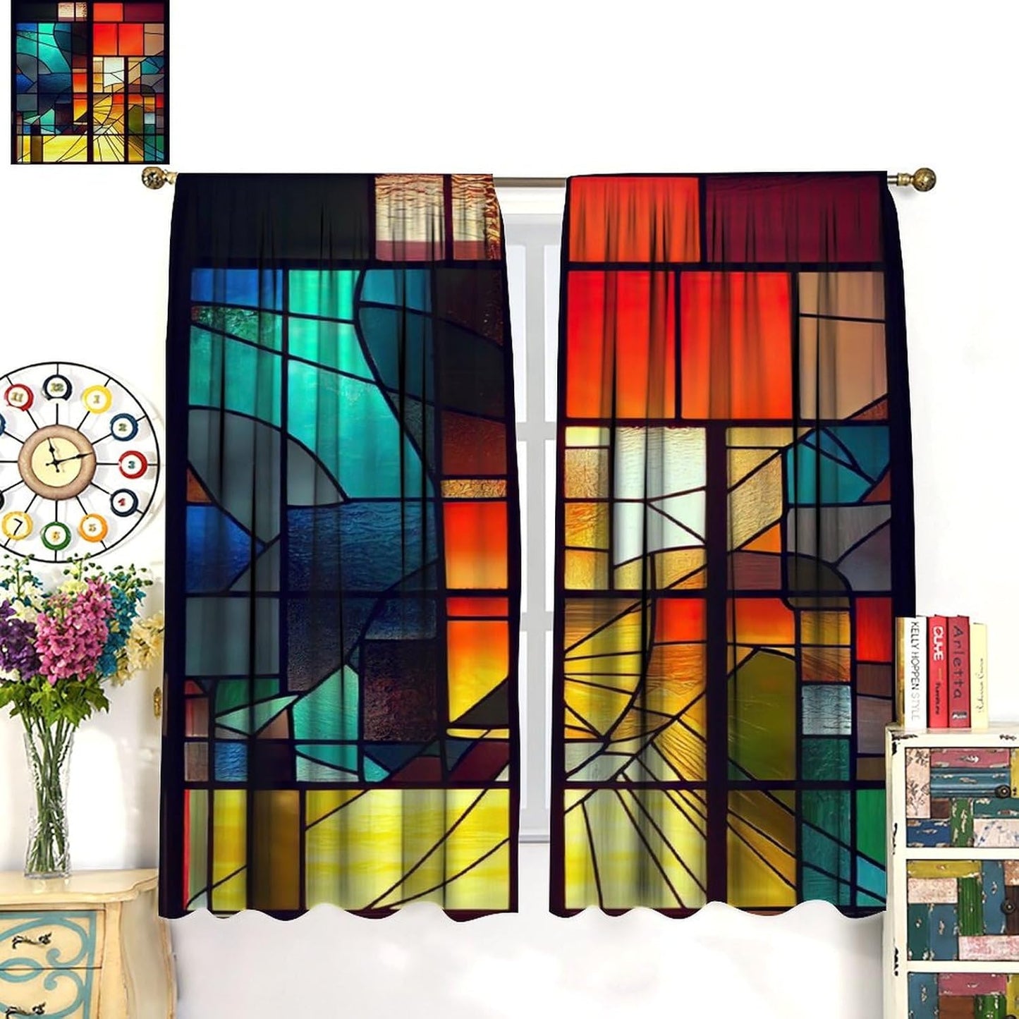 Stained Glass Curtains,Retro Abstract Colorful Geometry Textures Art Home Decor Drapes for Bedroom Living Room Kitchen Window Treatment 2 Panels Set Total Size 42" W X 63" L Inch