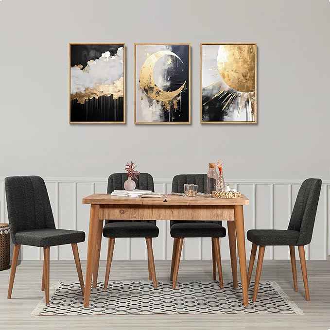 3Pcs Black and Gold Abstract Canvas Wall Art Sun Moon And Cloud Posters Prints Maximalist Pictures Wall Decor For Living Room, Bedroom,bathroom Decoration Unframed