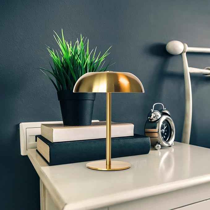 Portable LED Mushroom Table Lamp, 8.46'' Small Cordless Desk Night Light with 5200mAh Rechargeable Battery, Stepless Dimming Lamp with 3 Colors for Bedroom/Bar/Coffee Shop (Gold)