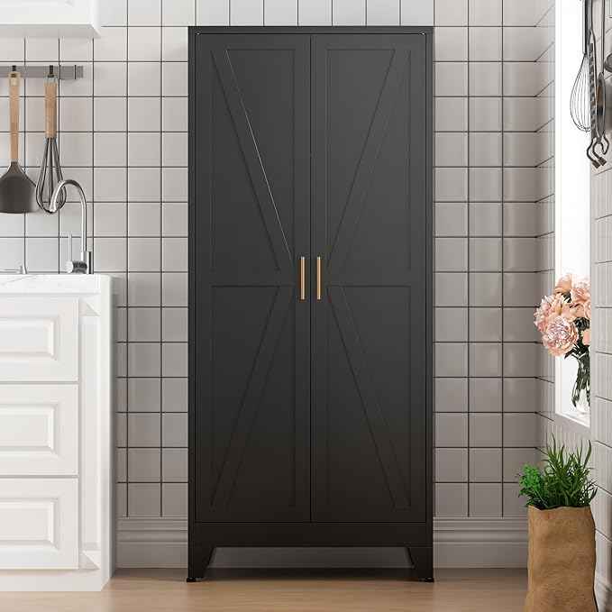 COFaR Black Farmhouse Storage Kitchen Pantry Cabinet with 2 Barn Door, 4 Adjustable Shelves and Legs, for Cupboard/Dining Room/Bathroom/Living Room/Office/Laundry Room (Black, 71" Farmhouse)