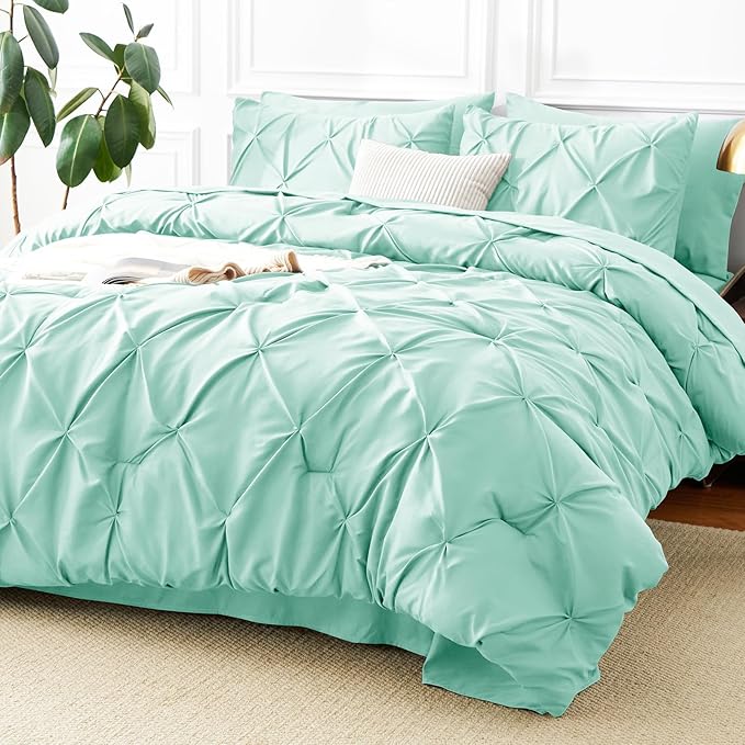 CozyLux Queen Comforter Set Mint Green, 7 Pieces Pintuck Bed in A Bag, Premium Green Comforter Queen Size, Pinch Pleat Bedding Sets with Comforter, Flat Sheet, Fitted Sheet, Pillowcases & Shams