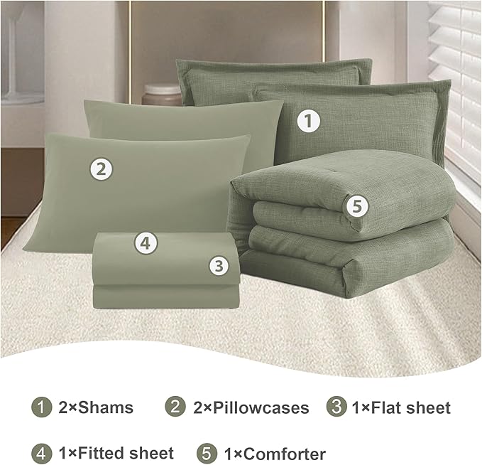 Geniospin Full Comforter Set - 7 Pieces Comforter Full Size, Solid Bedding Sets for All Season, Textured Bed in a Bag with Sheets, Pillowcases and Shams (Sage Green, 80''x90'')