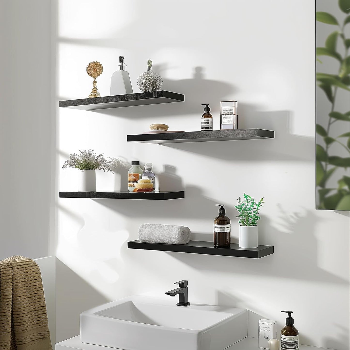 Wood Floating Shelves for Wall Decor, Rustic Wall Shelves for Bedroom Bathroom Kitchen Living Room, Set of 4 Black 24 Inch - Décor Diaries