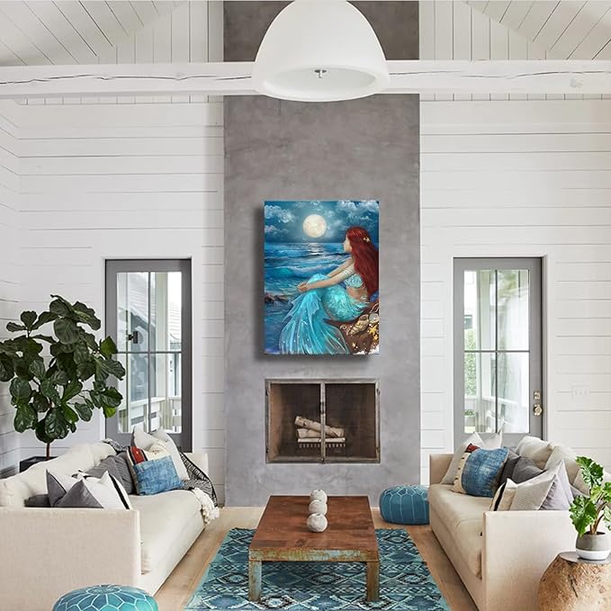 SDYA Aesthetic Wall Art for Living Room Bedroom Wall Decor Blue Canvas Prints Moon Night Artwork 24"x 36" Girls Room Decor