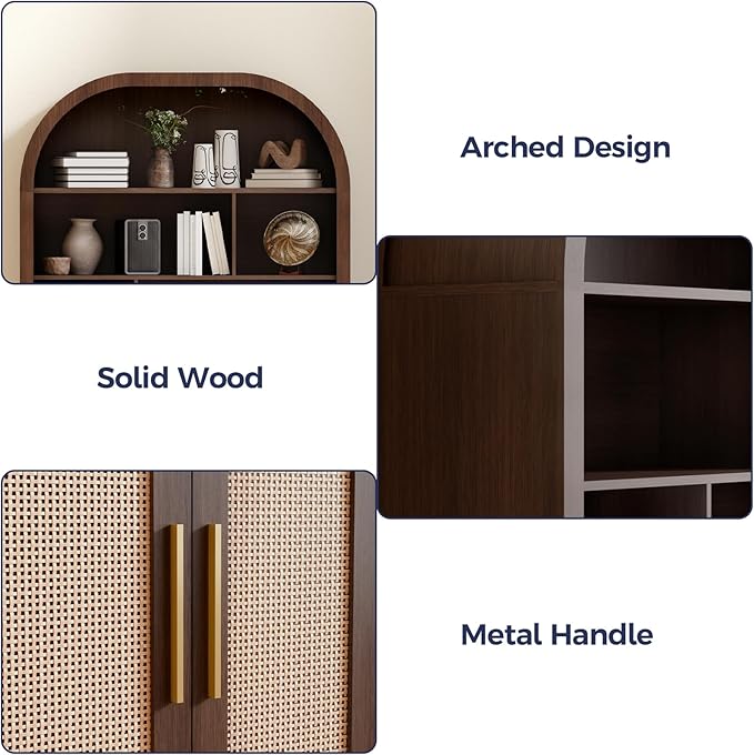 71" Tall Wide Arched Storage Cabinet, 5-Tier Rattan-Door Bookcase with Divider Shelf & Gold Pull Handles, Wood Versatile Pantry Organizer for Living Room/Kitchen/Office, Walnut
