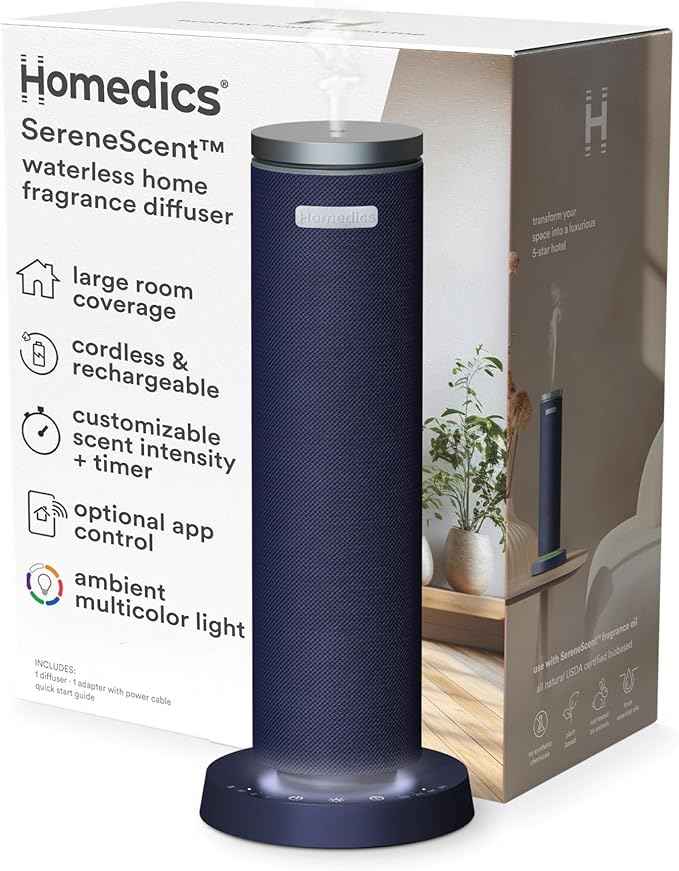 Homedics SereneScent Waterless Essential Oil Diffuser, Cordless Rechargeable Aromatherapy Diffuser for Home, Large Room Scent Machine, Timer, App Control, 6 LED Lights, No Water Needed, Future Dusk