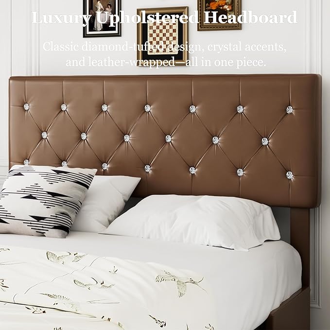 VECELO Full Size Bed Frame with 3 Storage Drawers, Leather Upholstered with Diamond Tufted Headboard, Solid Wood Slat Support, No Box Spring Needed, PU & Brown