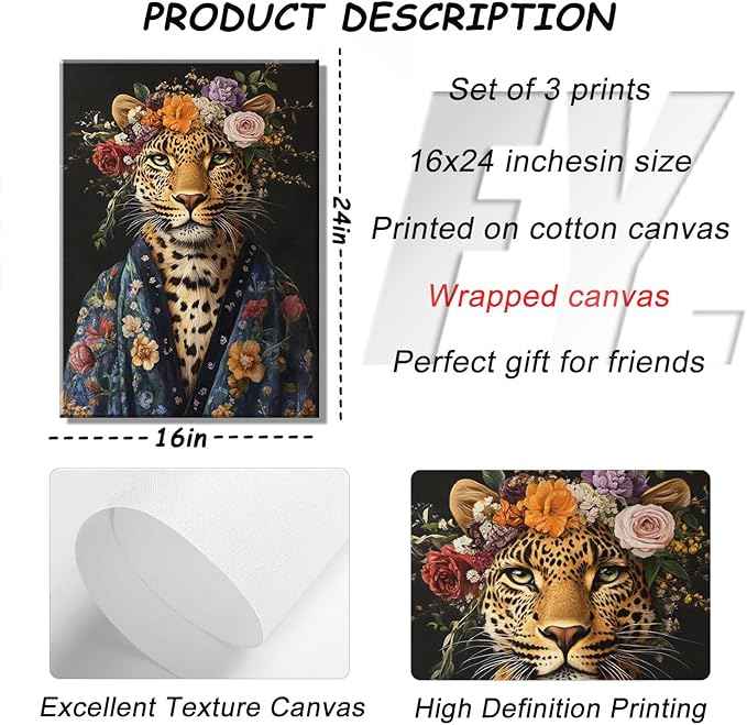 Bathroom Leopard In a Bathrobe Wall Art Maximalist Eclectic Cheetah Posters Pictures Animals And Flowers Canvas Prints Funky Animals Painting Wall Decor y2k Aesthetic Room Decoration Framed