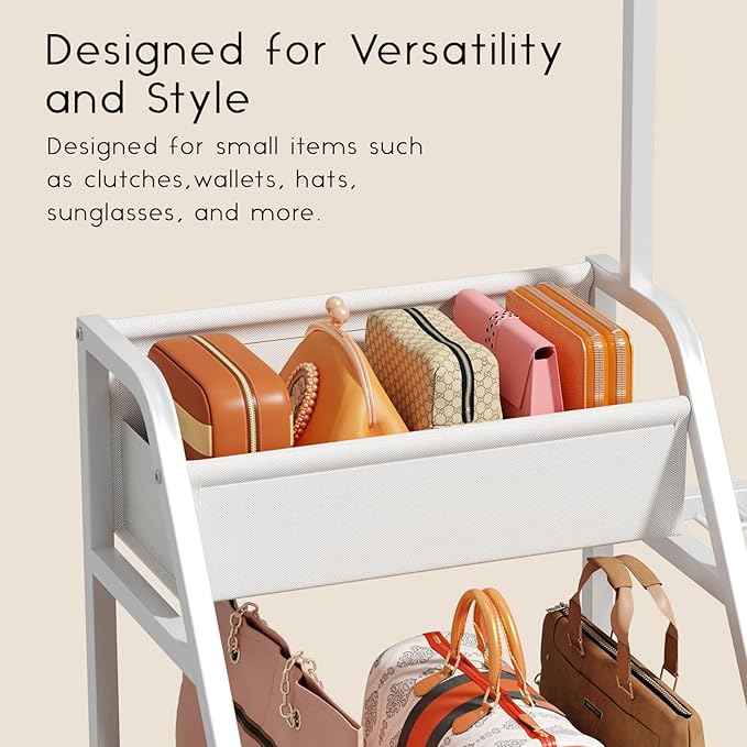 Purse Organizer for Women - 3-Tier Storage Stand & 12 Fixed Hooks, Visible Backpack Storage, Space-Saving Bag Organizer Rack for Home, Closet, White