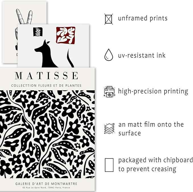 16 PCS Black and White Wall Art Decor, Matisse Abstract Gallery Wall Prints for Bedroom, Minimalist Posters for Living Room Aesthetic, Collage Kit Pictures, Dorm Home Decor