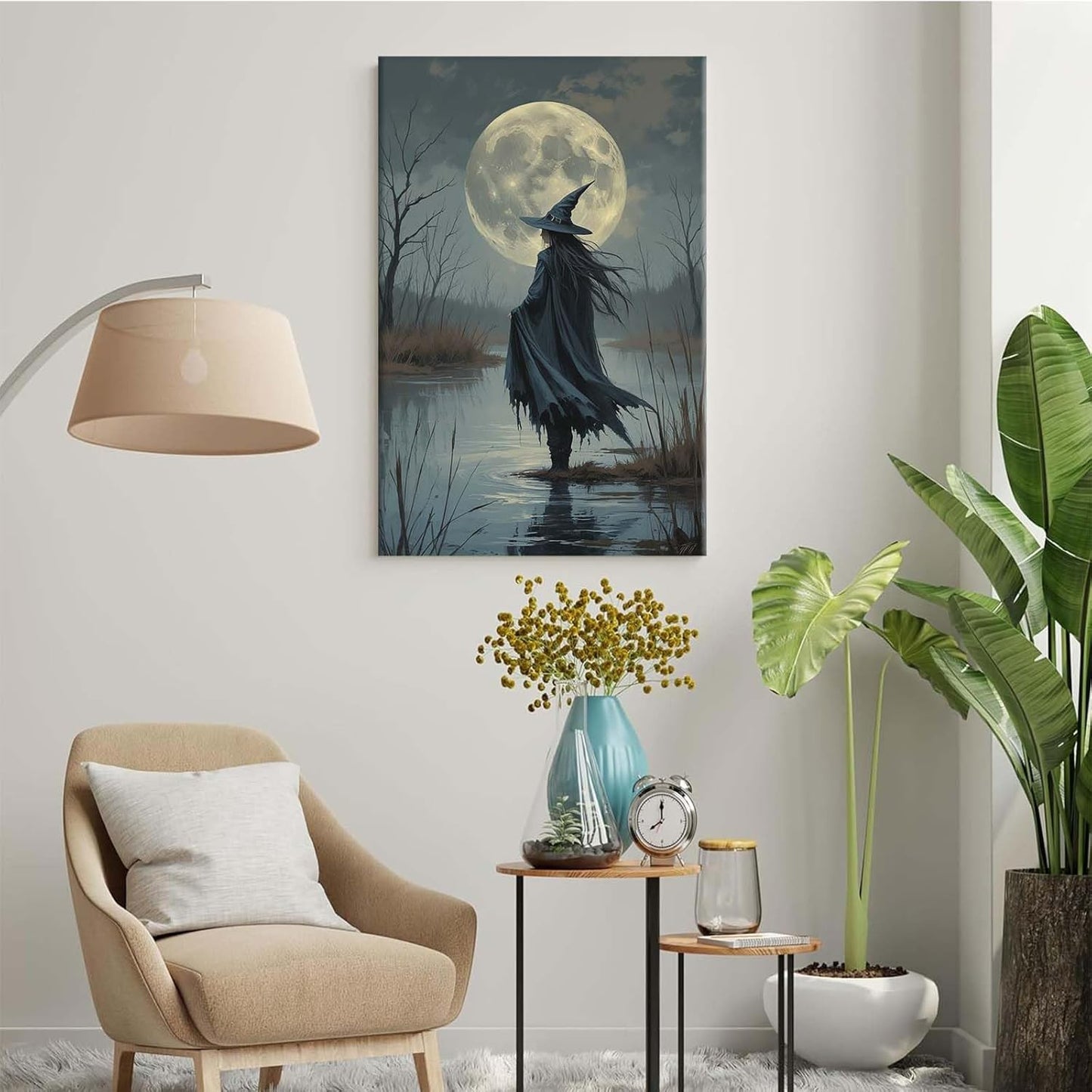 JFHCQJPK Witch in the moonlight magic canvas wall art enchanting Halloween home decor swamp witch silhouette oil painting mysterious gothic aesthetic wall decor print poster32x48in Frameless