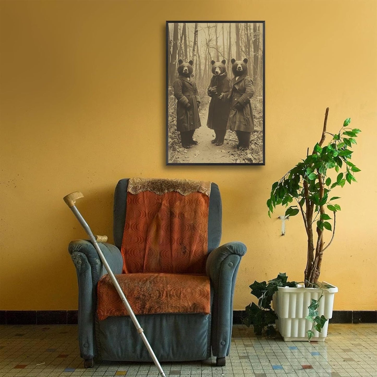 Vintage Horror Halloween Wall Decor Spooky The Three Bears In Occult Forest Spooky Canvas Wall Art Poster Gothic Dark Academia Decorations Room Creepy Print 24X36inch Aluminum Framed