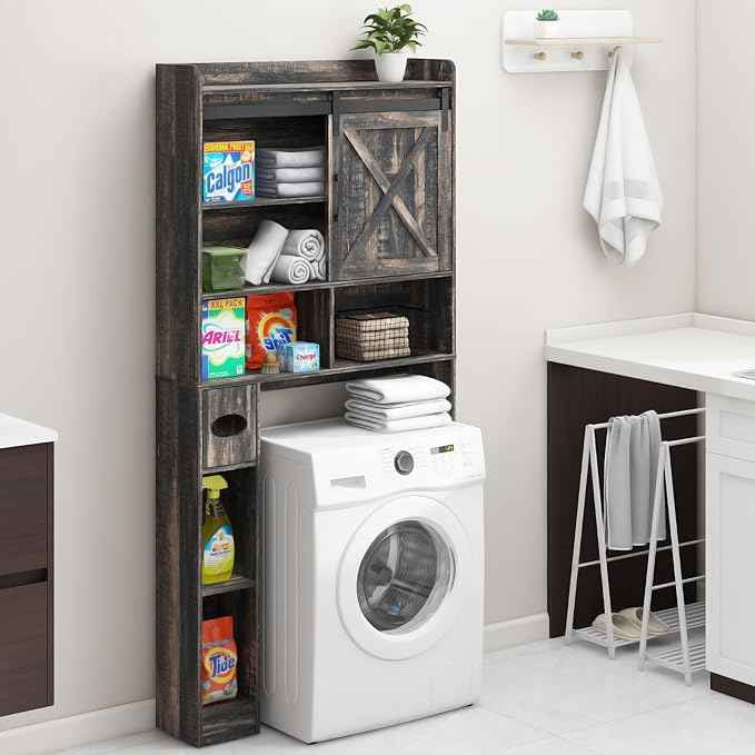 Over The Toilet Storage Cabinet, Farmhouse Storage Cabinet Over Toilet with Sliding Doors & Toilet Paper Holder Stand，Home Space-Saving Toilet Rack, for Bathroom, Laundry(Dark Grey)