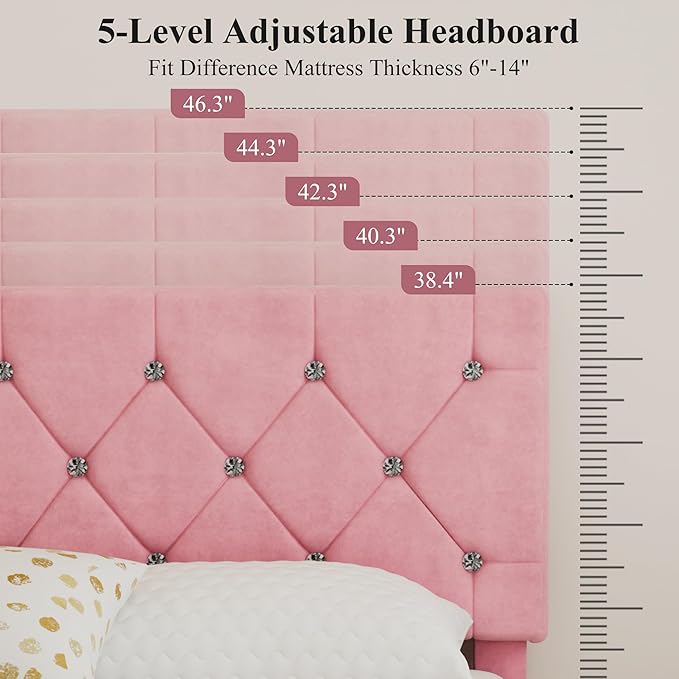 VECELO Full Size Bed Frame with Diamond Tufted Headboard, Upholstered Platform Bedframe with Wood Slat Support, No Box Spring Needed, Mauve Pink