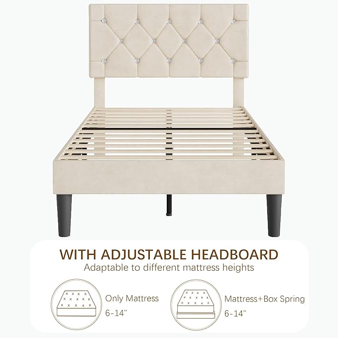 VECELO Twin Size Bed Frame, Upholstered Platform with Adjustable Diamond Tufted Headboard, Wood Slat Support, No Box Spring Needed, Pala Beige