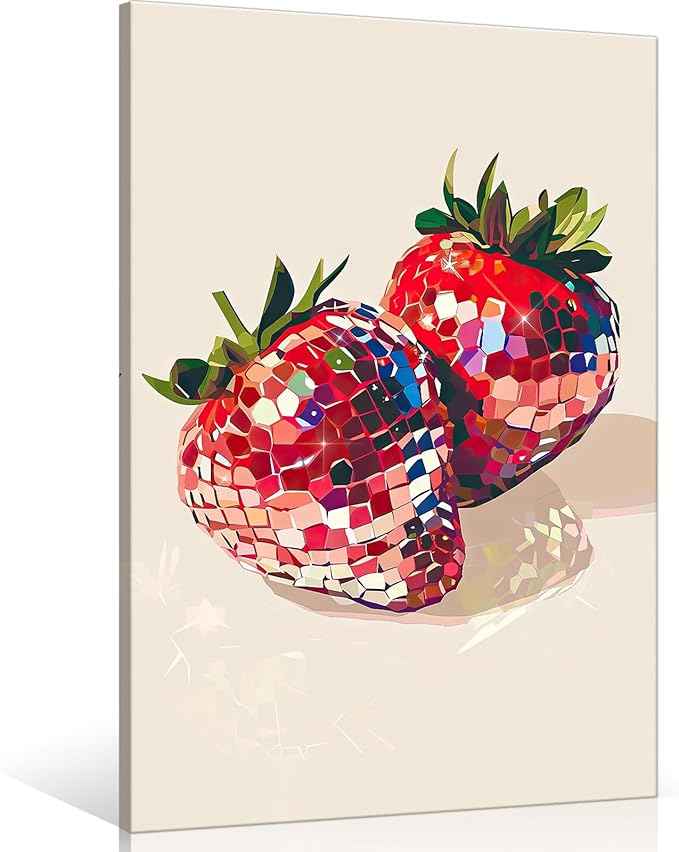 Funky Red Strawberry Disco Wall Art,Trendy Disco Ball Poster For Girls Room, Coquette Strawberries Picture Print, Art Fruit Poster For Home Bedroom Dorm wall Decor 16X24in Framed