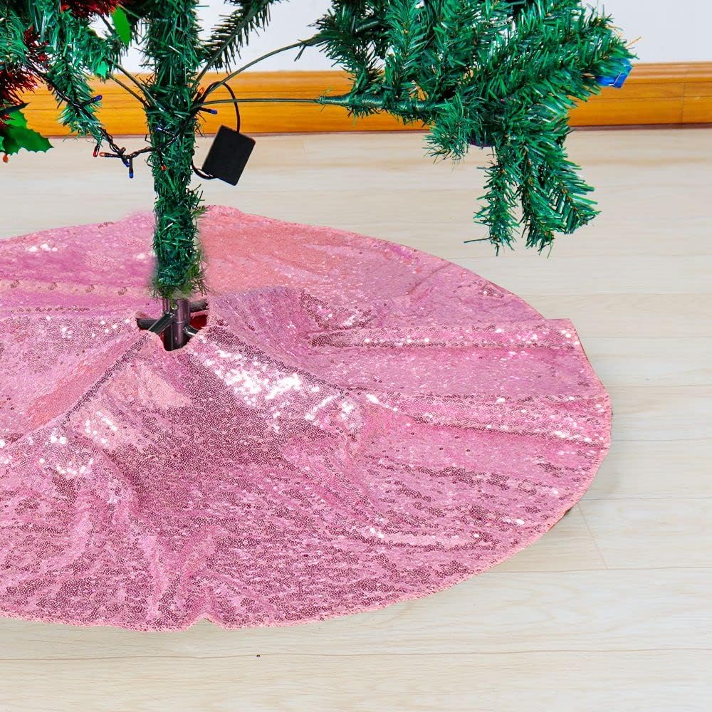 Partisout 48in Fuchsia Pink Sequin Tree Skirt Glitter Colorful Christmas Skirts for Halloween Holiday Celebration Supplies