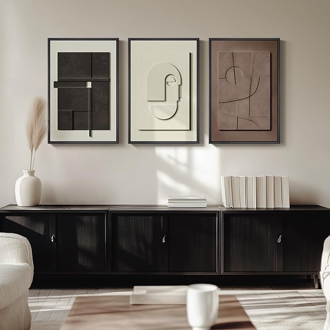 3D Textured Framed Abstract Wall Art, 3 Piece Modern Paintings Artwork for Walls, Black White Brown Geometric Sandstone Texture Pictures for Living Room Dining Room Bedroom Office Wall Decor 16x24 In