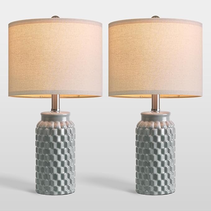 20.5" Ceramic Table Lamps Set of 2, Modern Farmhouse Boho Bedside Lamps for Bedroom, Nightstand Lamps for Living Room End Tables, Small Desk Lamps, Grey
