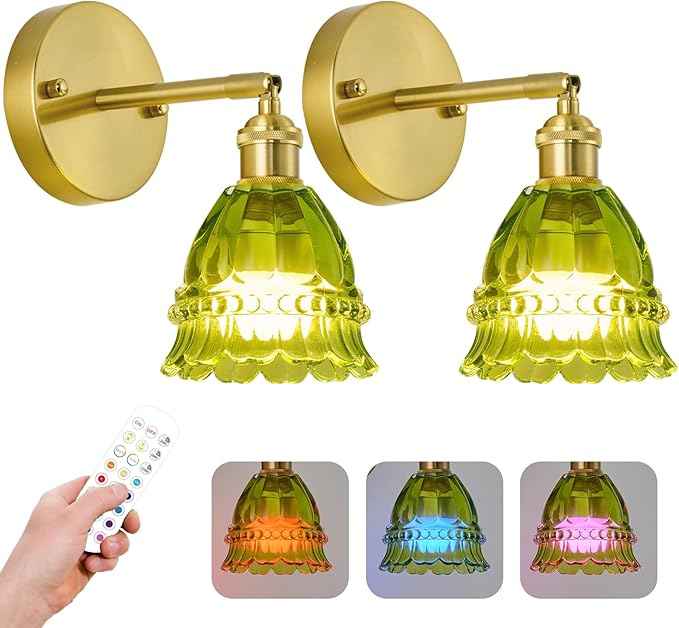 PASSICA DECOR Vintage Battery Operated Wall Sconces Set of 2 - Wireless Remote Control LED Wall Lights, Rechargeable USB-C, Dimmable 15 Colors, No Wiring, Lily Green Glass Shade Bedroom Kitchen