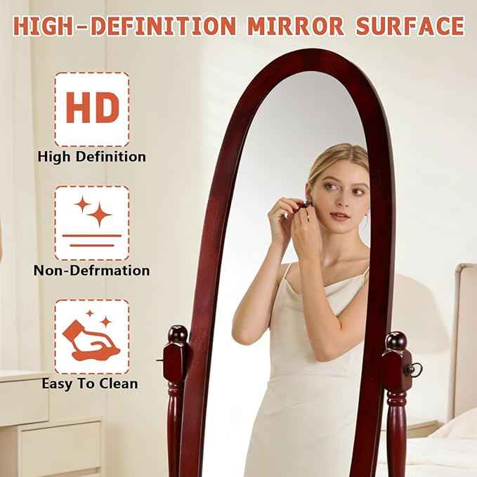 Full Length Mirror with Stand, Swivel Adjustable Oval Wood Cheval Floor Mirror, Dressing Cheval Mirror for Bedroom Livingroom, Interior Gift Idea (Cherry)