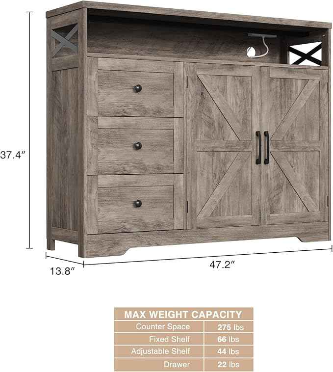 Vabches 47''W Farmhouse Sideboard Buffet Cabinet with Charging Station and 3 Drawers, Coffee Bar with Adjustable Shelf, Rustic Accent Cabinet with Storage for Kitchen, Living Dining Room, Rustic Grey