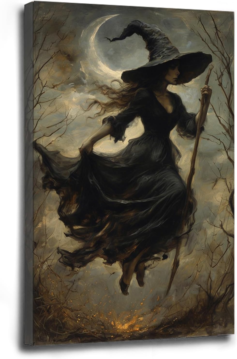 Witch in the Forest Halloween Print Wall Art Poster Witch Decor Vintage Print Dark College Wall Art Victorian Gothic Room Decor Canvas Wall Print8x12in Wood Framed