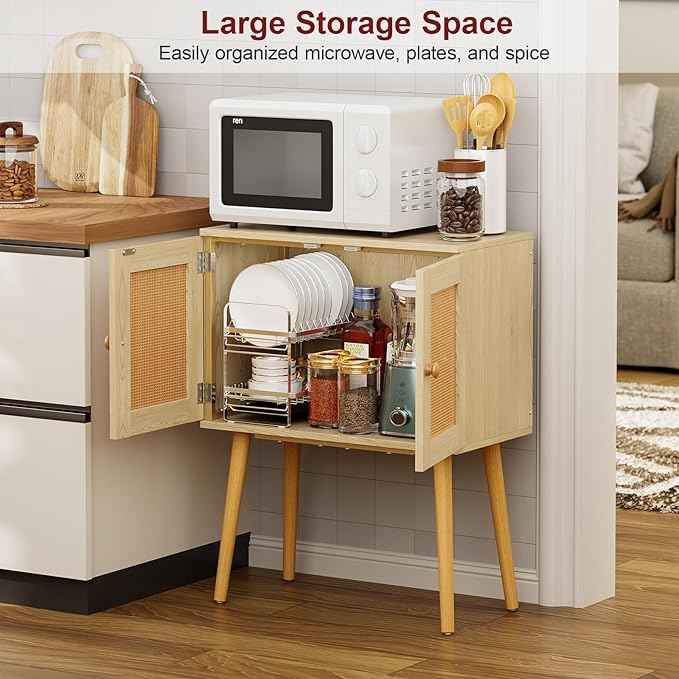 Sideboard Buffet Kitchen Storage Cabinet , Small Coffee Bar Cabinet with Rattan Doors and Tall Solid Wood Legs, Boho Accent Media Console Credenza Cabinet for Entryway,Living Room,Kitchen, Small Space