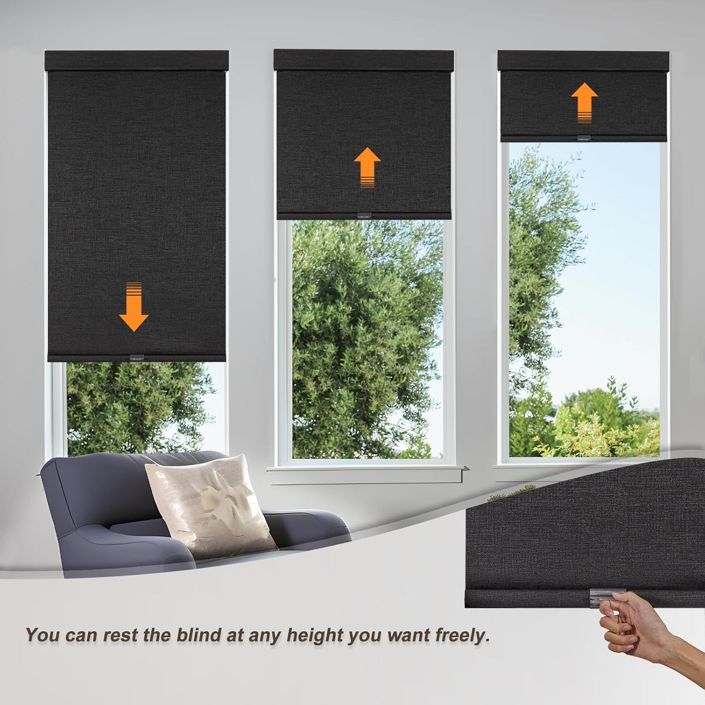 Persilux Free-Stop Cordless Blinds for Indoor Windows with Cover, Window Shades Blackout Roller Blinds, Thermal Insulated Fabric UV Protection for Kitchen, Office, Living Room, Black(68" W x 48" H)