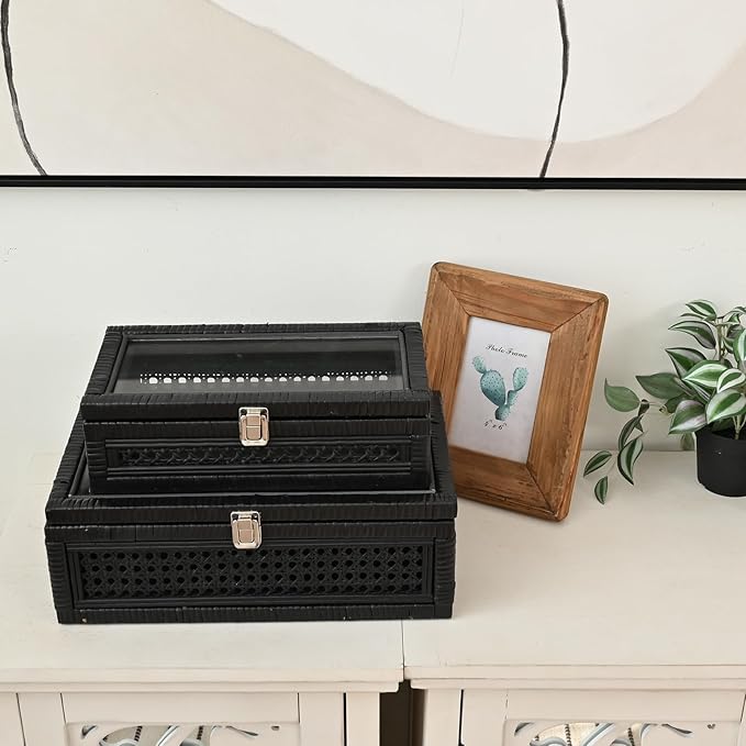 Cane and Rattan Decorative Storage Boxes with Lids - Elegant Set of 2, Stacking Boxes with Glass Top, Handcrafted Rustic Charm for Home Organization (Black, 14.1"x8.2"x5.1")