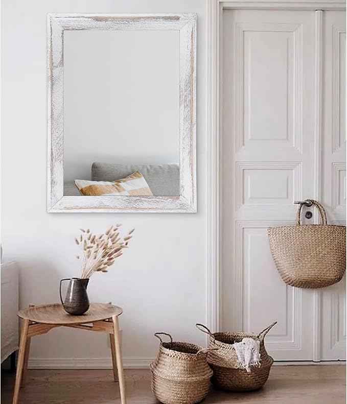 AAZZKANG Mirrors for Wall Rustic Wood Framed Hanging Mirror 28"x20" Decorative for Farmhouse Bedroom Bathroom Living Room Entryway Hallway White
