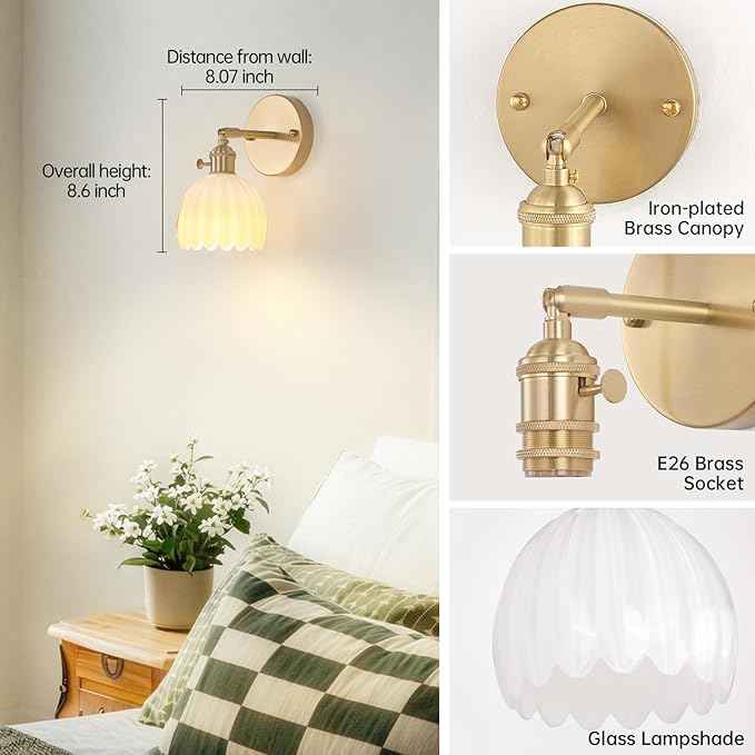 Vintage Battery Operated Wall Sconce with White Tulip Glass Lampshade Rechargeable Battery Powered Wall Light with Remote Control for Bedside Bedroom Doorway, Set of 2