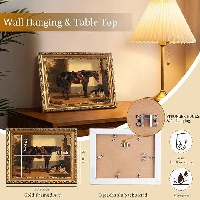 uniro Vintage Gold Framed Wall Art for Home Decor, Farmhouse Wall Decor Horse Canvas Artwork, Antique Animal Farm Poster Equestrian Wall Art for Nursery Wall Decor, Rustic Horse Aesthetic Picture for Bathroom, Living Room, Desktop decor - 12x16Inch
