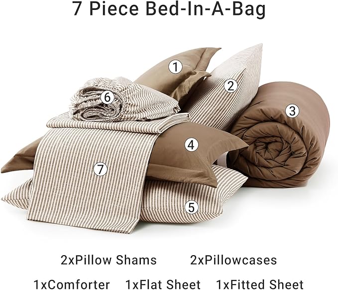 Monbix Full Size Comforter Set - 7 Pieces Brown Prewashed Bed in a Bag Full Bedding Sets with Comforters, All Seasons Ultra Soft Comforter Bed Set with Sheets,Pillowcases & Shams