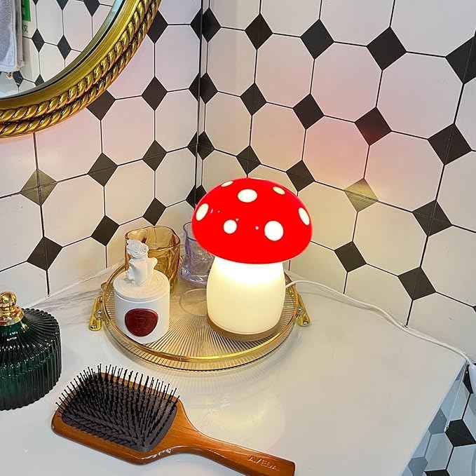 BECCOBEAT Mushroom lamp for Bedroom Night Light Glass Vintage Retro Funky Cute Lamp Small Lamps Bedrooms Bedside Bed Side Table Nightstand Desk Aesthetic Cottagecore 70s Room Decor (RED) (B01)