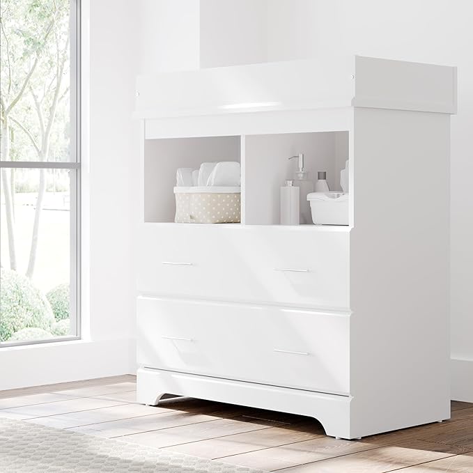 Storkcraft Brookside 2 Drawer Changing Table Dresser (White) – GREENGUARD Gold Certified Baby Dresser with Changing Table Top, Baby Changing Table Dresser, Includes Interlocking Drawer System