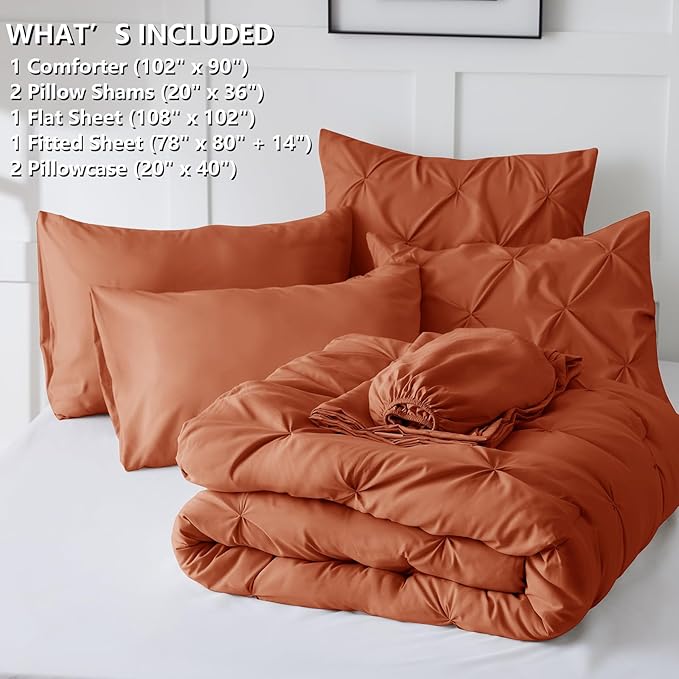 CozyLux King Size Comforter Set Burnt Orange, 7 Pieces Bed in A Bag Terracotta Comforter King Size, Pinch Pleat Bedding Set with All Season Comforter, Sheets, Pillowcases & Shams