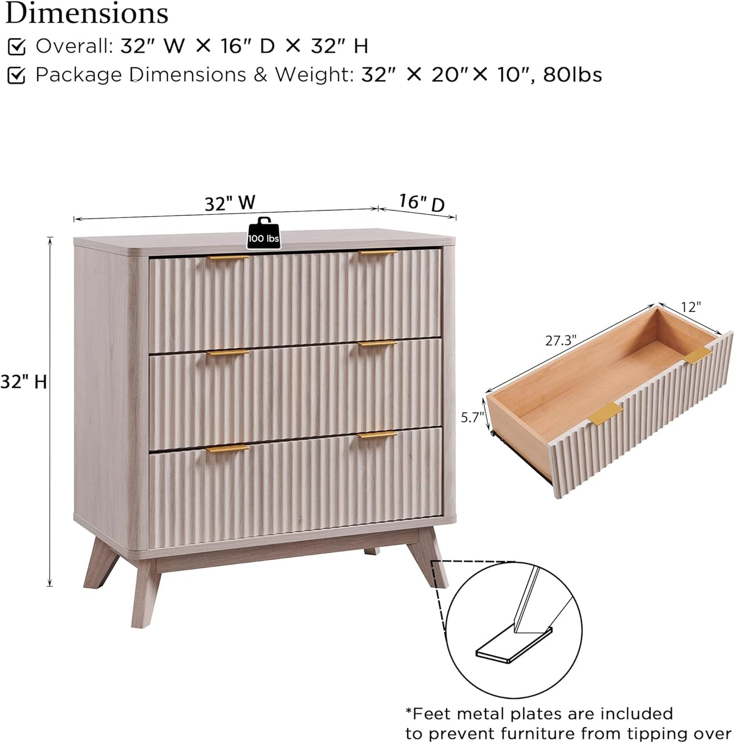 T4TREAM 32" Tall Fluted Nightstand, Modern Side Table with 3 Drawers, End Table w/Storage, Bedside for Bedroom, Living Room, Curved Profile Design, White Alder