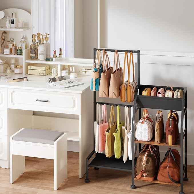 Purse Organizer for Women - 3-Tier Storage Stand & 12 Fixed Hooks, Visible Backpack Storage, Space-Saving Bag Organizer Rack for Home, Closet, Black