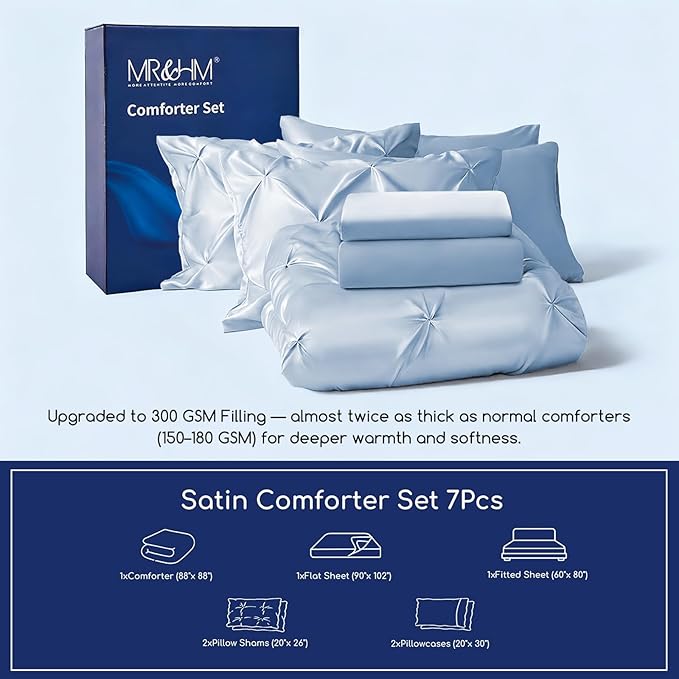 MR&HM Satin Comforter Queen 7 Pieces - Luxurious Pinch Pleat Bedding Set with Comforter, Flat Sheet, Fitted Sheet, Pillowcases & Shams, Super Silky Soft Bed Set for All Season (Queen, Blue Haze)