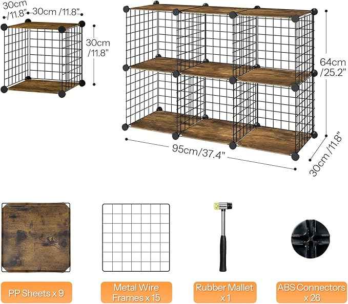 HOOBRO Wire Cube Storage Organizer, 6-Cube Shelves, Modular Shelves with Metal Grid, DIY Closet Cabinet for Living Room, Bedroom, Rustic Brown and Black BF06CW01