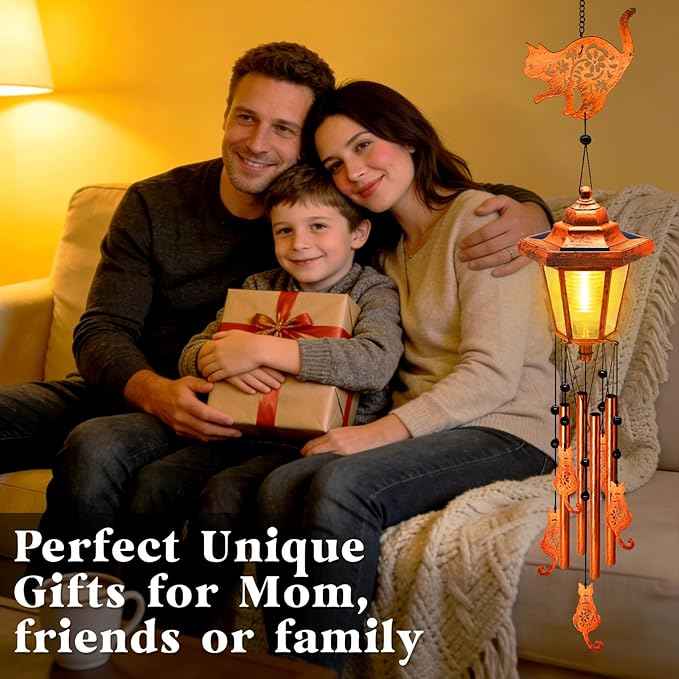 Cat Solar Wind Chimes for Outside, Birthday Gifts for Mom Women Grandma Mother's Day Memorial, 34-Inch Windchimes with Wind Spinner, Outdoor Hanging Solar Lights Waterproof Garden Decor Yard, 2 Pack