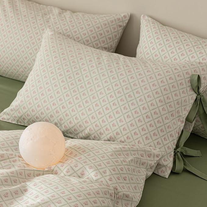 LifeTB Pink Flower Comforter Set Twin XL 3 Pieces Chic Plaid Grid Comforter with 2 Bow Ties Pillowcases Cute Botanical Cottagecore Bedding Set Girls Coquette Bedding Comforter Twin XL Comforter Set