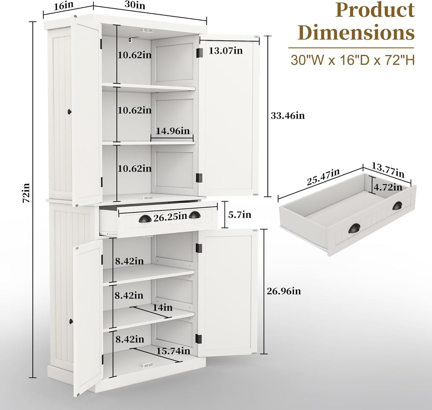ARTPOWER 72" Tall Kitchen Pantry Storage Cabinet with Drawer and Adjustable Shelves, Pantry Cabinet for Kitchen, Bathroom or Hallway, White - Décor Diaries