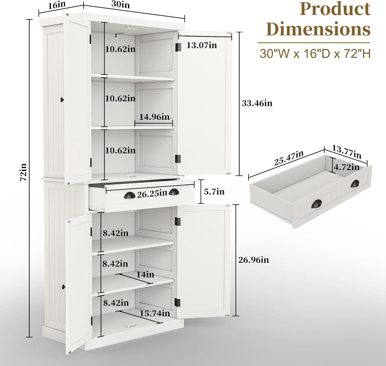 ARTPOWER 72" Tall Kitchen Pantry Storage Cabinet with Drawer and Adjustable Shelves, Pantry Cabinet for Kitchen, Bathroom or Hallway, White - Décor Diaries