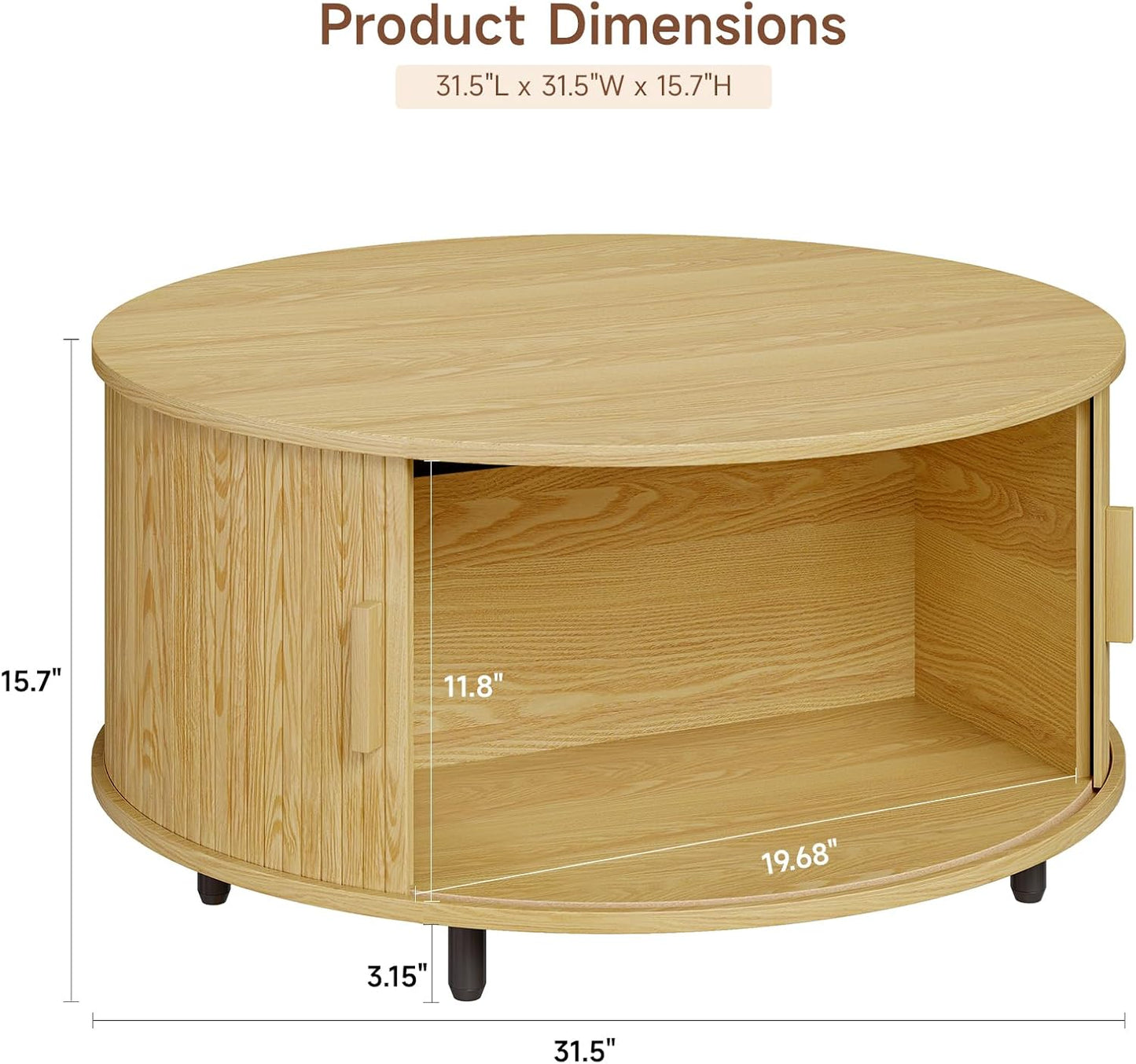 Round Coffee Table with Storage, 31.5" Modern Coffee Table with 360° Curved Sliding Door, Fluted Wood Accent Coffee Table with Adjustable Footpads, Round Center Table for Living Room, Oak