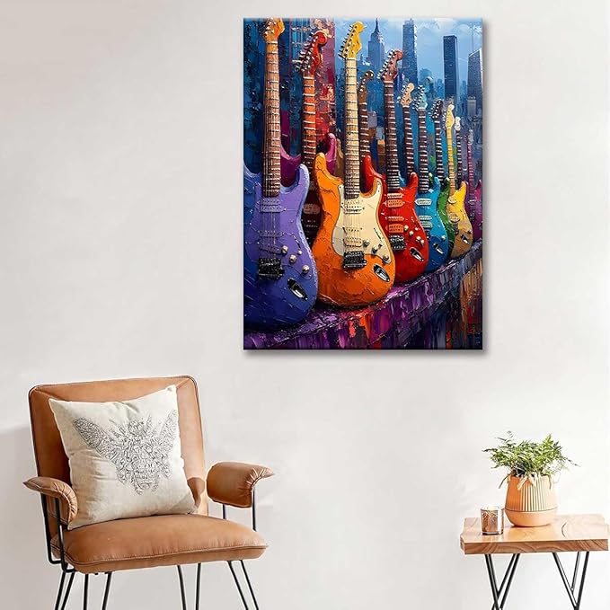 Paint by Numbers Kit for Adults Framed, Colorful Electric Guitars with City Skyline, DIY Oil Painting, Pre-Printed Canvas Wall Art Home Decor Gift, 16x20inch Framed, 24 Colors