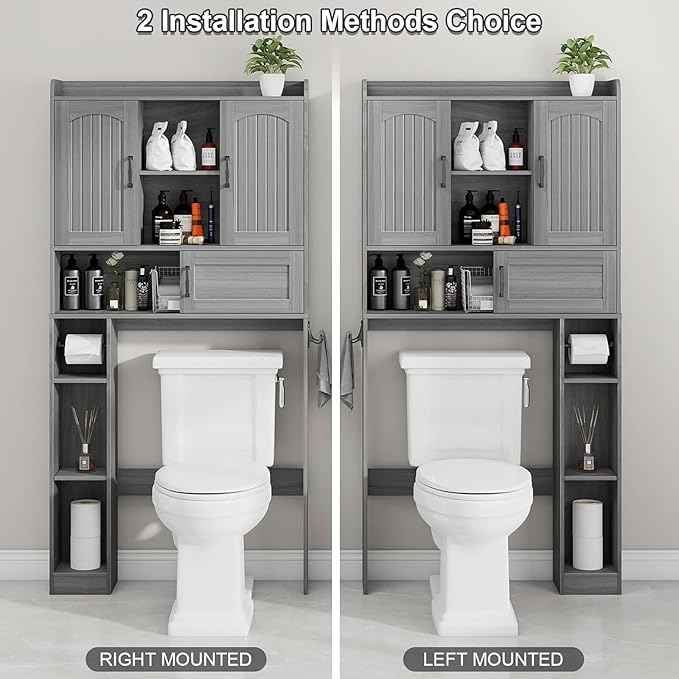 Vabches Farmhouse Over The Toilet Storage Cabinet with 2 Barn Doors & Sliding Door, Over The Toilet Bathroom Organizer with Open Storage Layer and Adjustable Shelves & Hooks.Grey
